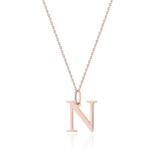 Naszyjnik N0069 z diamentami - litera N - różowe złoto