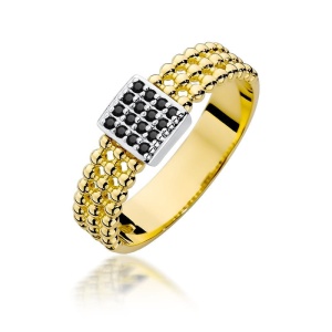Pierścionek W0353 z czarnymi diamentami żółte złoto 375