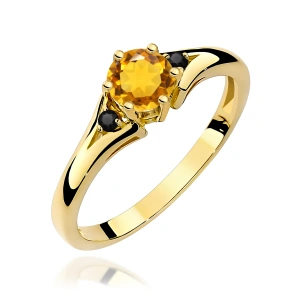 Pierścionek W0076 Cytryn 0,50ct żółte złoto 375 z czarnymi diamentami